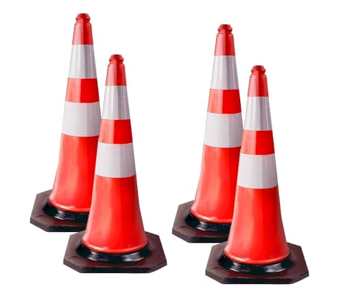 4 Pack Traffic Cones 28 Inch with Reflective Collars & Solid Black Weighted Base - PVC Orange Construction Cones - Stacklable Safety Cones for Parking Lot Driveway Road Traffic - size: 4 - Pack
