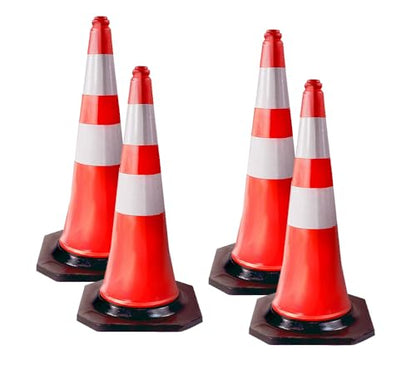 4 Pack Traffic Cones 28 Inch with Reflective Collars & Solid Black Weighted Base - PVC Orange Construction Cones - Stacklable Safety Cones for Parking Lot Driveway Road Traffic - size: 4 - Pack