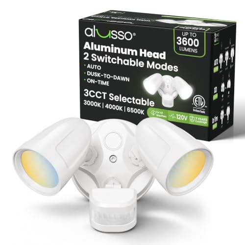 ALUSSO Metal Heads Motion Sensor Outdoor Lights 30W 3600LM 120V ETL Listed - color: White 3 Modes Metal 30W