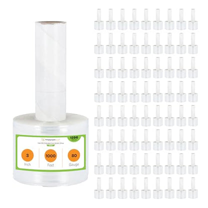 PSBM Mini Stretch Wrap with Extended Core Handles, 1296 Rolls 3 Inch x 1000 Feet 80 Gauge Heavy Duty Clear Plastic Wrap Industrial Strength Shrink Film for Moving, Packing & Shipping - size: 3" x 1000 Feet, style: 1296 Pack