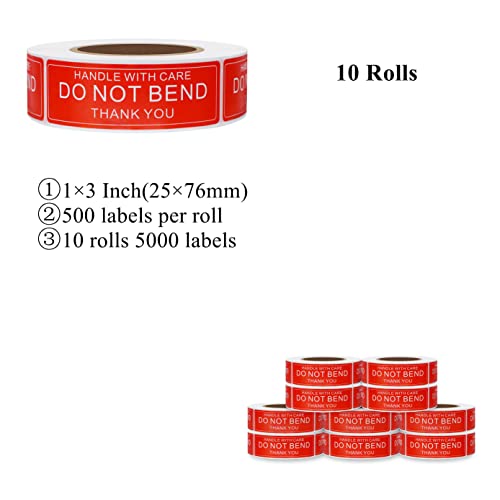 Do Not Bend Stickers 1×3 Inch Fragile Shipping Warning Labels Please Handle with Care Thank You - 500 Per Roll(10 Rolls Total 5000 Stickers)