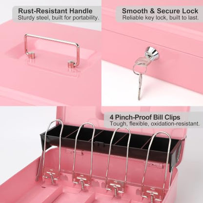 Cash Box with Key Lock – 0.7mm Steel Cash Drawer with Money Bag & Auto-Pop Coin Tray, 4 Upgraded Finger-Safe Bill Clips, Portable Register for Vendors, Business & Home, 11.8" x 9.5" x 3.5", Soft Pink - color: Soft Pink