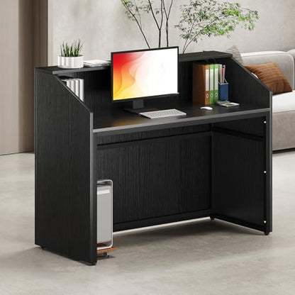 LITTLE TREE 47-Inch Reception Desk with Counter, Black Front Desk Reception Room Table, Retail Counter for Checkout, Modern Welcome Desk for Lobby, Office, Beauty Salon - color: Black