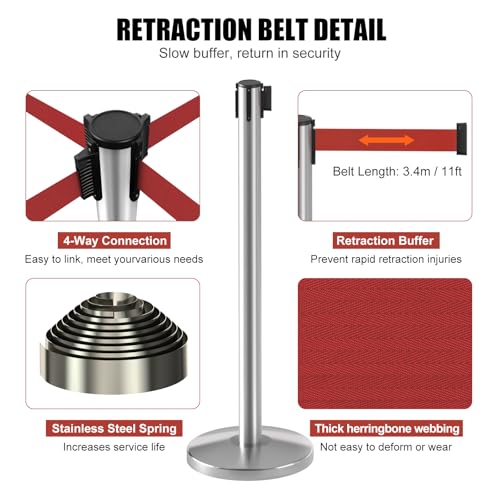 kaiyomi 2 Pack Stanchions with Retractable Barriers 11 Feet Belts (Silver) - color: Silver