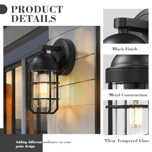 Emliviar Farmhouse Outdoor Wall Light, 2 Pack Wall Light Fixtures with Clear Tempered Glass, Black Finish, GE255B-2PK BK - color: Black - Clear Tempered Glass, size: 9.4 Inch