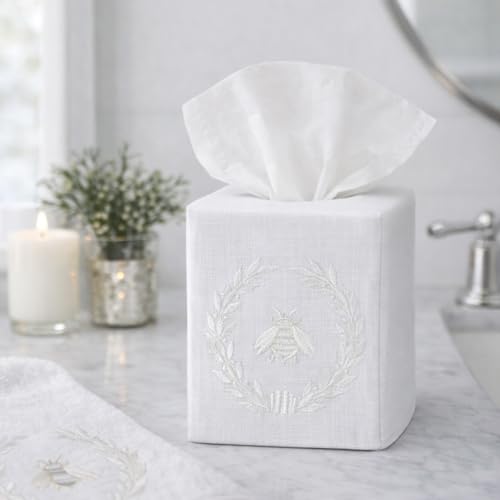 Jacaranda Living Square Tissue Box Cover, Linen/Cotton Fabric Tissue Holder, Decorative Cloth Tissue Cube Cover, Embroidered Bee Designs, Napoleon Bee Wreath (White) - color: Napoleon Bee Wreath (White)