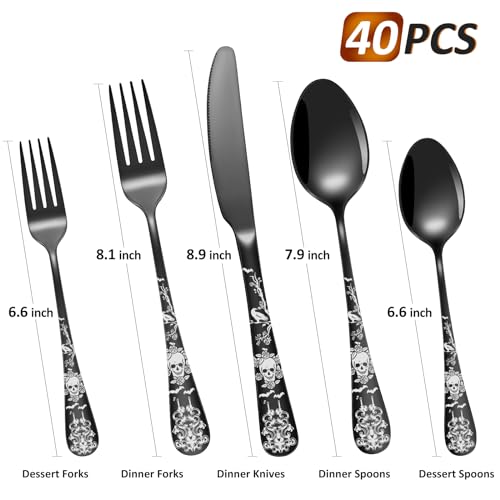 40-Piece Black Skull Silverware Set for 8, Flatware Set Stainless Steel Spoons,Forks,Knife Pattern Unique Design Utensil Sets Tableware Cutlery, Mirror Polished, Dishwasher Safe - color: Skull-40 Piece-Black