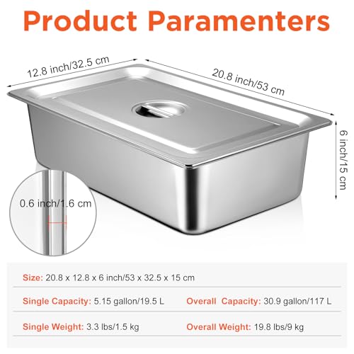 Dandat Full Size Steam Table Hotel Pans with Lid, 20.8 x 12.8 x 6 Inch - size: 20.8 x 12.8 x 6 Inch