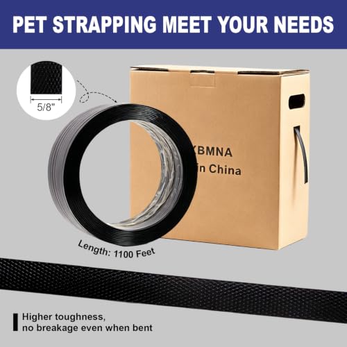 Banding Strapping Kit with 5/8" x1100 ft Polyester Band PET Strapping Roll - color: Black, size: B-PET-kit 5/8"x1100'（Not Included Tools）