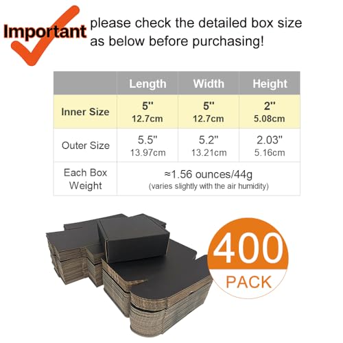 400 Pack 5x5x2'' Small Shipping Boxes, Corrugated Cardboard Mailers for Business, Black (CM552B-400) - color: Black-Bulk, size: 5x5x2''