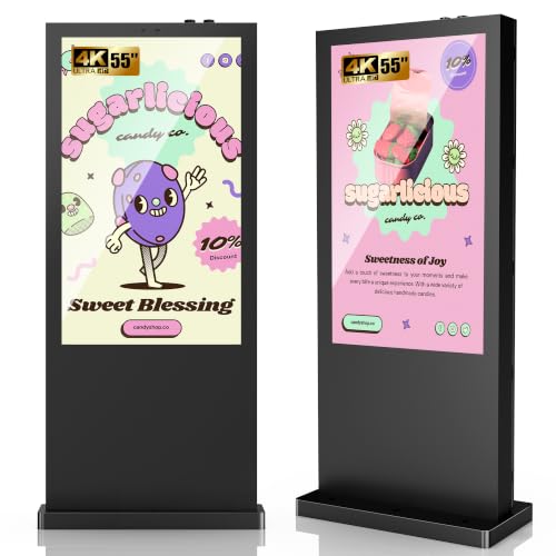 55 Inch Floor Standing Outdoor Digital Signage - IP65 Waterproof Display with 4500nits Brightness, WiFi/HDMI/USB Input for Retail, Subway & Restaurants - size: 55 Inch