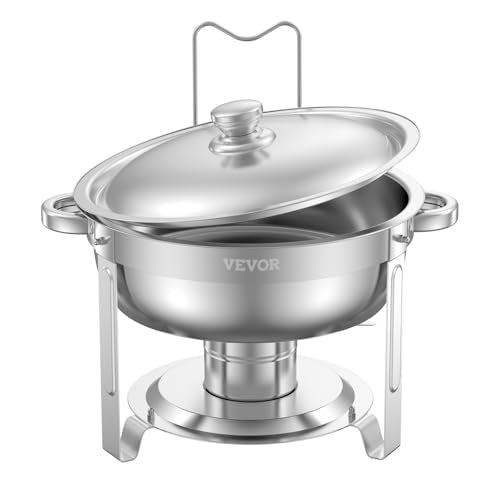 VEVOR Chafing Dish Buffet Set, 5 Qt 4 Pack, Stainless Steel Chafer with 4 Full Size Pans, Round Catering Warmer Server with Lid Water Pan Folding Stand Clip, for Weddings Parties Banquets, Silver - size: 4packs Silver