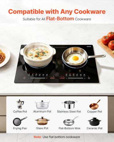 VEVOR 24in 2-Burner Electric Cooktop Built-in Stove Top, Touch Control, 9 Levels, Timer, Child Lock, Single-Ring Ceramic, Portable/Built-in, 110V 1800W US Plug - size: 24 IN+2 Burner+Touch
