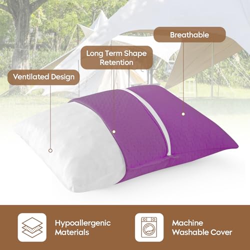 Small Shredded Memory Foam Pillow, Camping Pillow Travel Pillow - Compressible Medium Firm, Breathable Cover, Ideal Backpacking Hiking, Airplane and Car (Purple, M) - color: Purple, size: M-17.7 X 13.8 Inch