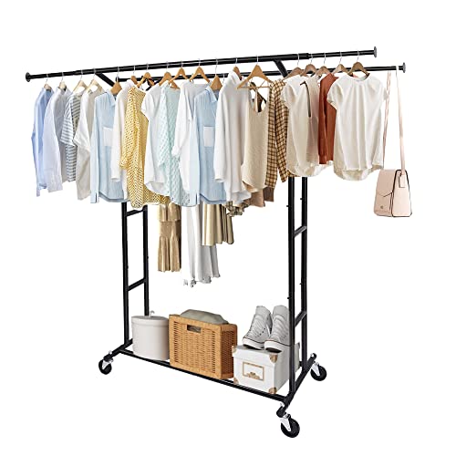 Fishat Black 60" H Heavy Duty Double Rod Rolling Clothes Garment Rack - color: Black