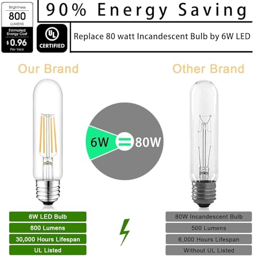5 Inch Edison Bulb, 5000K Daylight White E26 Led Bulb 6W Dimmable, 800LM T10 T9 Clear Glass Tubular Light Bulbs, AC 120V Equal 80 Watt Bulbs for Chandelier Pendant Wall Light - 4Pack - size: 5 Inch 6W (4 Count)