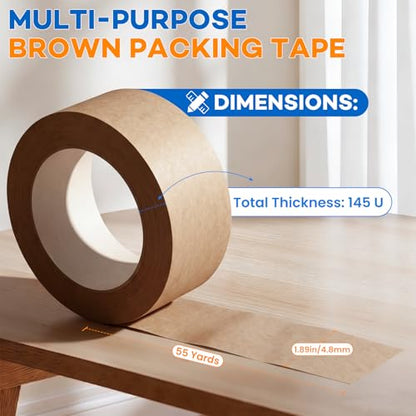 6 Pack Heavy Duty Paper Packing Tape,2 Inch Wide (1.89 in x 55 Yds),Eco Friendly & Biodegradable, Writable & Uncoated Brown Packing Tape Great for Packaging, Shipping, and Moving - size: 6