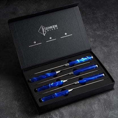 SENKEN Professional 6-Piece Steak Knife Set with Engraved Damascus Pattern, Razor Sharp Blade, High Carbon Steel with Gift Box (Blue) - color: Cerulean Blue