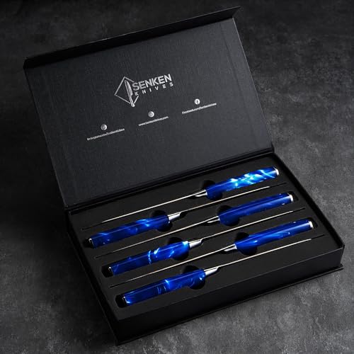 SENKEN Professional 6-Piece Steak Knife Set with Engraved Damascus Pattern, Razor Sharp Blade, High Carbon Steel with Gift Box (Blue) - color: Cerulean Blue