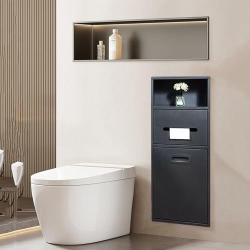 Stainless Steel Recessed Shower Nich with Built-in Trash Can(25.4X11.2IN) - color: Black