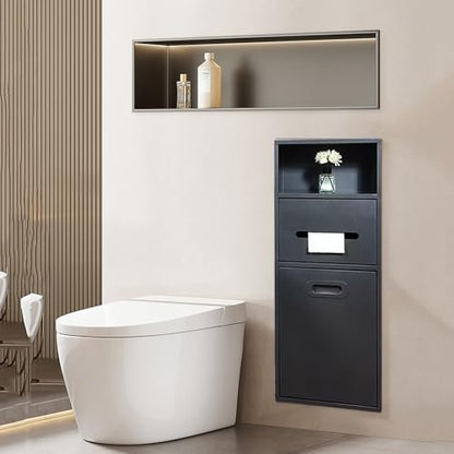 Stainless Steel Recessed Shower Nich with Built-in Trash Can(25.4X11.2IN) - color: Black