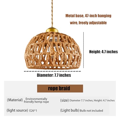 7.7" Dome Hemp Rope Pendant Light, E26 Gold Woven Adjustable Hanging Lamp - color: Basket Shape, size: 8 inch