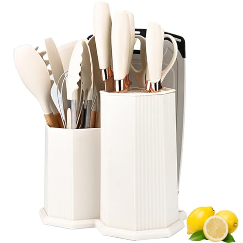 Kitchen Cooking Utensils and Knife Set with Holder Block, 19 Pieces Cooks Cutting Set 11 Pcs Silicone Cooking Utensils Sharp Stainless Steel Knives Scissors Whisk Tongs and Cutting Board (Beige) - color: Beige