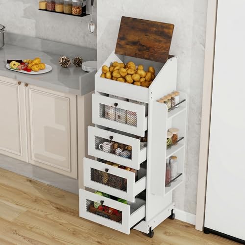 ARTETHYS Potato Storage Bin 5-Tier Rolling White Bread Box with Side Rack - color: White