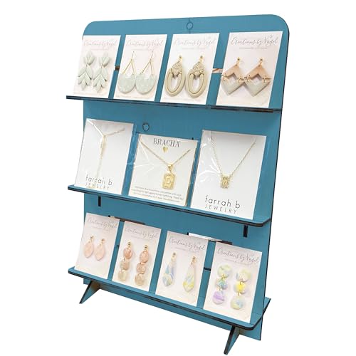 TORCHED DISPLAYS Jewelry Holder Necklace Organizer | Earring Display Stands for Selling | 3-Tiered Wooden Jewelry Holder Stand for Shops, Boutiques, Festivals | Display Rack Wood Stand | Blue - color: Blue