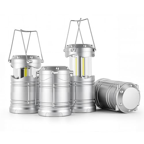 Lichamp LED Camping Lantern, 4 Pack Battery Powered Flashlight for Power Outages, Portable Collapsible Hanging Light Essential for Home, Outdoor, Emergency Lamp Survival Kit Gear for Hurricane, B4SL - color: Silver