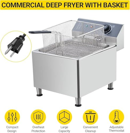 Electric Deep fryer 304 Stainless Steel with Basket & Lid, Capacity 22L/23.2QT Countertop Fryers, for Home Kitchen and Restaurant Use with Large Thick Frying Basket and Lid, 3400 W, 110V - size: 11L (304)