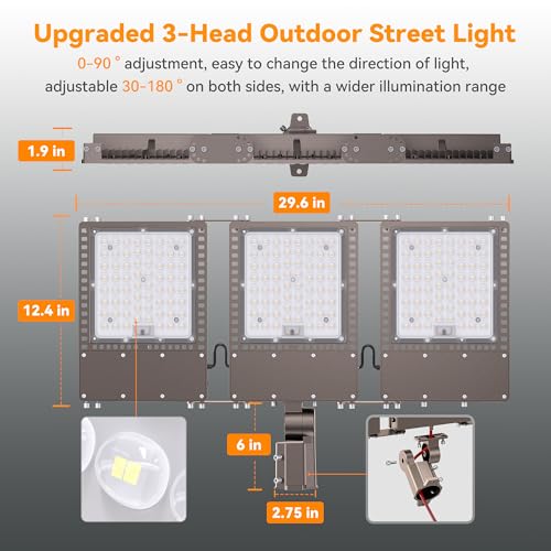 2025 New Upgraded 300W Dusk to Dawn LED Parking Lot Light 45000lm 5000K, ETL, AC85-277V, IP67 Waterproof Adjustable 3-Head Street Lights Outdoor, Pole & Wall-Mounted Flood Lights for Stadium - size: 3-Head 300W