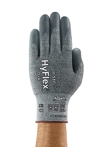 Ansell HYFLEX 11-531 Cut-Resistant Nylon Spandex Industrial Gloves w/Foam Nitrile Palm for Fabrication, Automotive - XXL (11), Grey (12 Pairs) - size: 2X-Large (Pack of 12), style: 12 Pairs