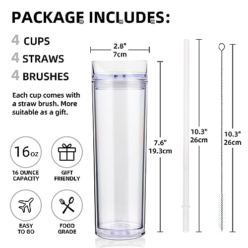 Volhoply 16oz Plastic Skinny Tumbler with Lid and Straw Bulk 4 Pack,Insulated Double Wall BPA Free Matte Acrylic Tumblers,Iced Coffee Travel Mug Reusable Party Cup,Customizable Diy Gifts(Clear,4 Set) - color: Clear