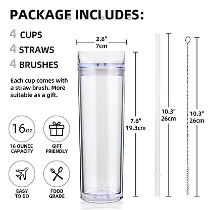 Volhoply 16oz Plastic Skinny Tumbler with Lid and Straw Bulk 4 Pack,Insulated Double Wall BPA Free Matte Acrylic Tumblers,Iced Coffee Travel Mug Reusable Party Cup,Customizable Diy Gifts(Clear,4 Set) - color: Clear