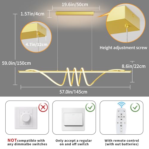 Modern LED Pendant Lights Kitchen Island, 57in Gold Chandelier Dimmable with Remote Control 3000k-6000K Adjustable, Aluminum Island Lighting Lamp Fixture for Kitchen, Dining Room - color: A-Gold, size: 57inch