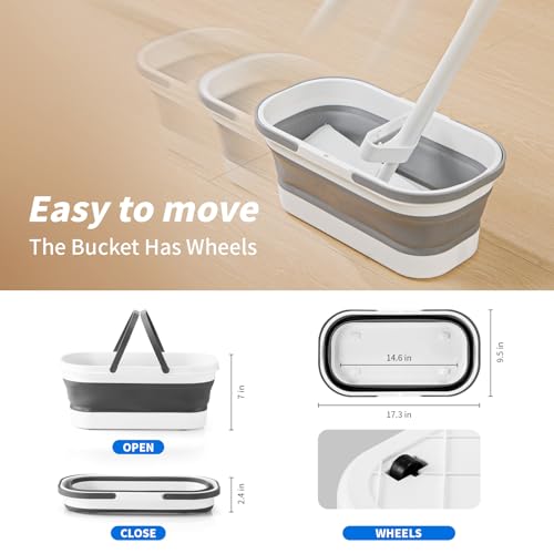 Oshang Flat Mop and Collapsible Bucket OG7 with Wheels, 2 Washable Reusable Microfiber Pads, Pure White - color: Pure White