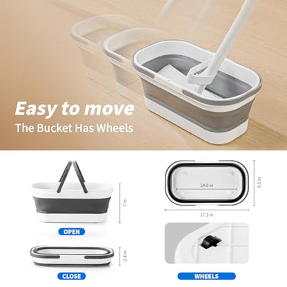 Oshang Flat Mop and Collapsible Bucket OG7 with Wheels, 2 Washable Reusable Microfiber Pads, Pure White - color: Pure White