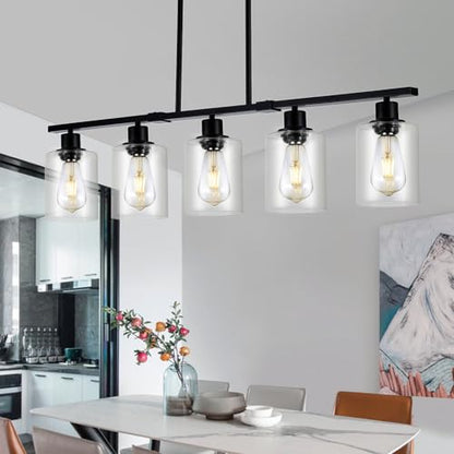 39.4" Kitchen Island Lighting, 5 Lights Clear Glass Pendant Light Fixtue, Black Linear Metal Chandelier for Dining&Living Room Foyer,Height Adjustable,E26 Socket - color: Black