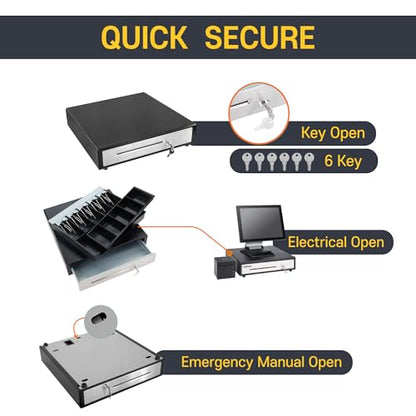 HK SYSTEMS BSM 16inch Cash Drawer for POS, No Logo, Black, DC 24V/Micro Switch, RJ12, 1slot, Removable and Adjustable cash tray 5-bill/5-coin Metal wire gripper, 6Keys #135, Stainless Steel front - size: 1. POS CASH DRAWER
