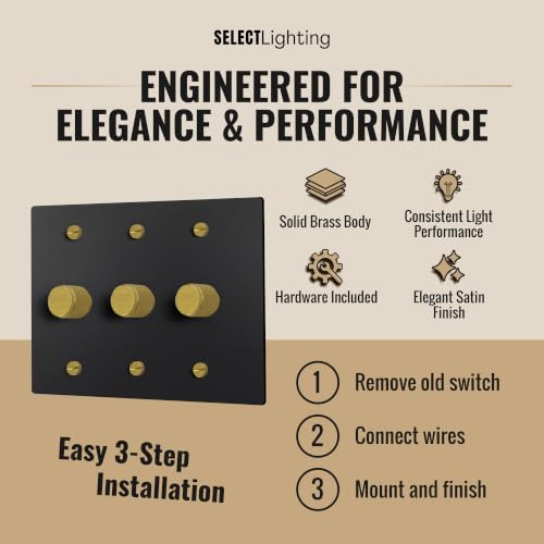 SELECT 3 Gang Solid Brass Rotary Dimmer Switch, 3-Way & 1-Way Compatible - color: Black with Brass, size: 3 Gang, style: 1/3-Way Dimmer