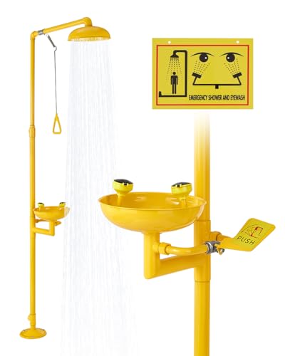 VEVOR Emergency Shower Eye Wash Station, 34.25 x 15.75 x 91.73 Inch 304 Stainless Steel Eyewash and Shower Combination, OSHA-Approved First Aid Eye Wash Station, for Schools, Labs, Factories, Yellow - style: Eyewash and Shower Combination