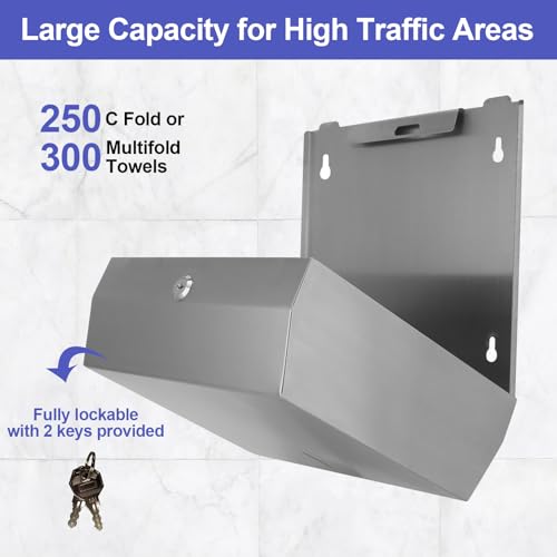 Stardrix Paper Towel Dispenser Wall Mount, Brushed Stainless Steel Commercial Paper Towel Holder with Lock, Large Capacity 250 C Fold/300 Multifold Towels - color: Brushed, size: 250 C Fold/300 Multi-Fold with Lock