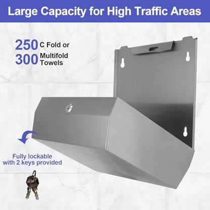 Stardrix Paper Towel Dispenser Wall Mount, Brushed Stainless Steel Commercial Paper Towel Holder with Lock, Large Capacity 250 C Fold/300 Multifold Towels - color: Brushed, size: 250 C Fold/300 Multi-Fold with Lock