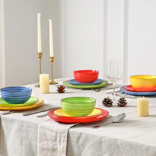 Selamica Ceramic Plates and Bowls Sets,12 Pieces Dinnerware Sets for 4,Scratch Resistant Dish Set,Dishwasher & Microwave Safe, Dopamine - color: Dopamine, size: Service for 4 (12 Pcs)