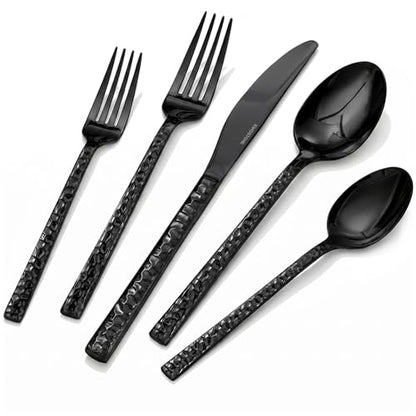 60 Piece Black Silverware Set,18/10 Stainless Steel Hammered Flatware for12 - color: Black, size: 60-Piece