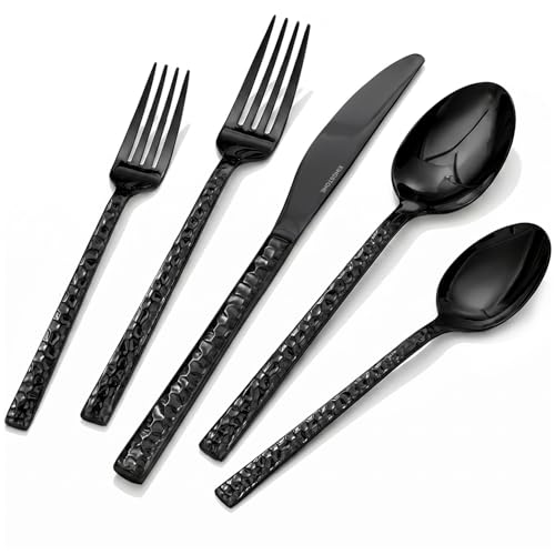 40 Piece Black Silverware Set,18/10 Stainless Steel Hammered Flatware for 8 - color: Black, size: 40-Piece