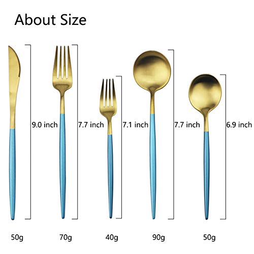 JASHII Luxury 18/10 Blue Handle Flatware Gold Silverware Set 304 Stainless Steel Flatware Cutlery Set| 20-Piece Adaline Royal Modern Satin Finish| BEST Birthday Wedding Gift (Blue Handle Matte Gold) - color: Blue Gold, size: Service for 4