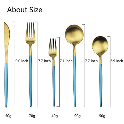 JASHII Luxury 18/10 Blue Handle Flatware Gold Silverware Set 304 Stainless Steel Flatware Cutlery Set| 20-Piece Adaline Royal Modern Satin Finish| BEST Birthday Wedding Gift (Blue Handle Matte Gold) - color: Blue Gold, size: Service for 4