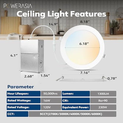 POWERASIA 12 Pack 7 Inch LED Recessed Lighting, 5CCT Canless Wafer, White - color: 12P-5CCT-WH, size: 7INCH